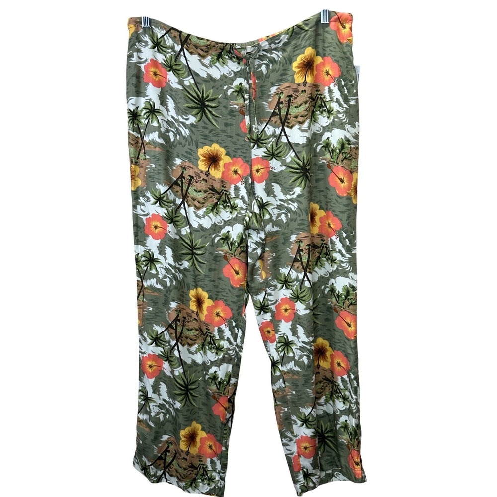 White Stag VTG NWT XL Tropical Floral Rayon Pull On Pants Washed Olive boho